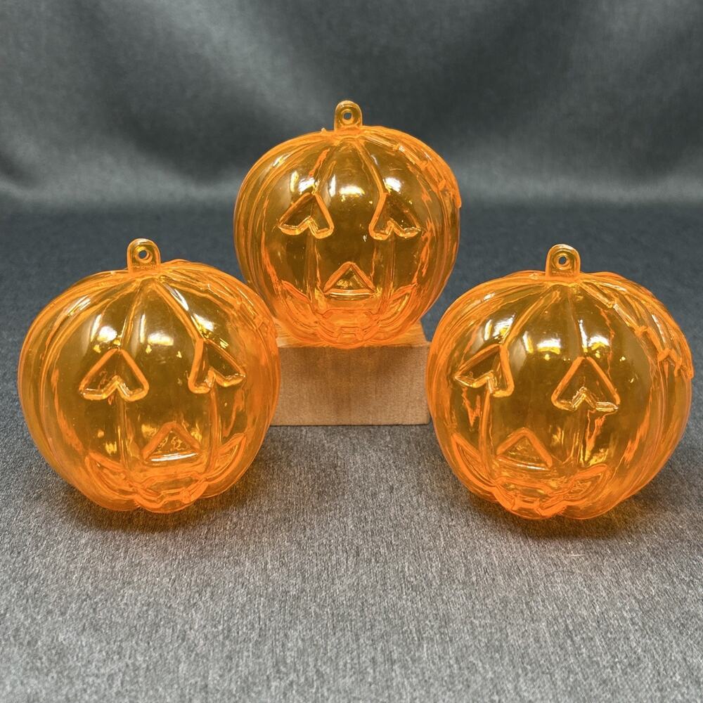 3pc Orange Plastic Pumpkin Ornaments Jack O Lantern Candy Containers